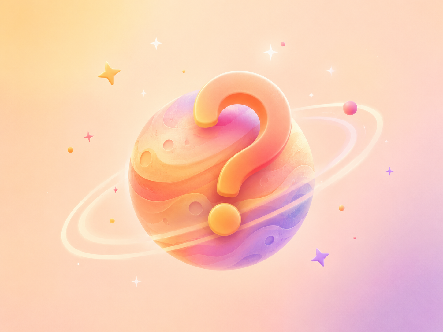 Une planète pastel avec un point d’interrogation, dans une ambiance douce et rassurante.