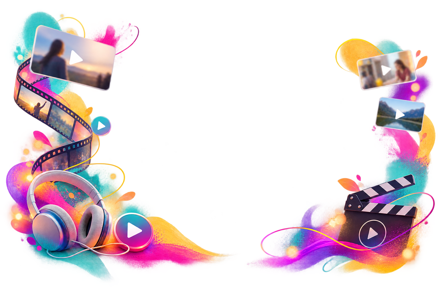 Illustration colorée autour de l’univers vidéo avec pellicule, écouteurs et clap de cinéma.